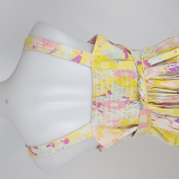 Portmans Women's Dress Size 14 Yellow Pink Floral V-Neck Shirring Bow Sleeveless - Picture 7 of 13